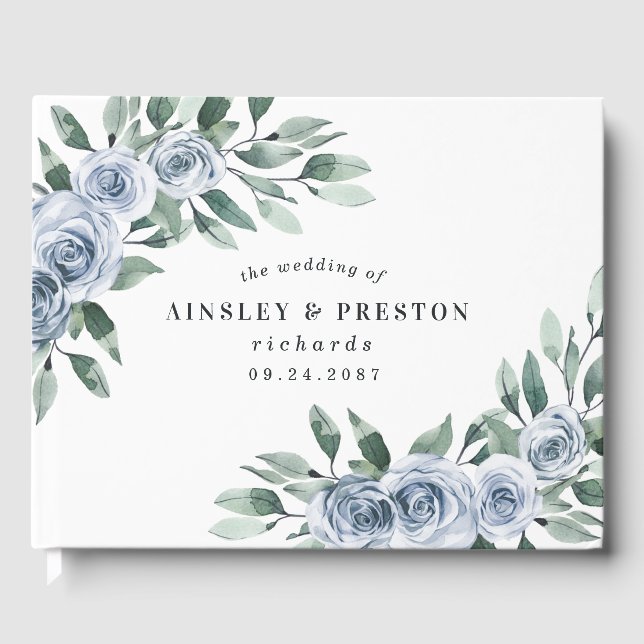 Dusty Blue Elegant Floral Boho Rose Rustic Wedding Guest Book (Front)