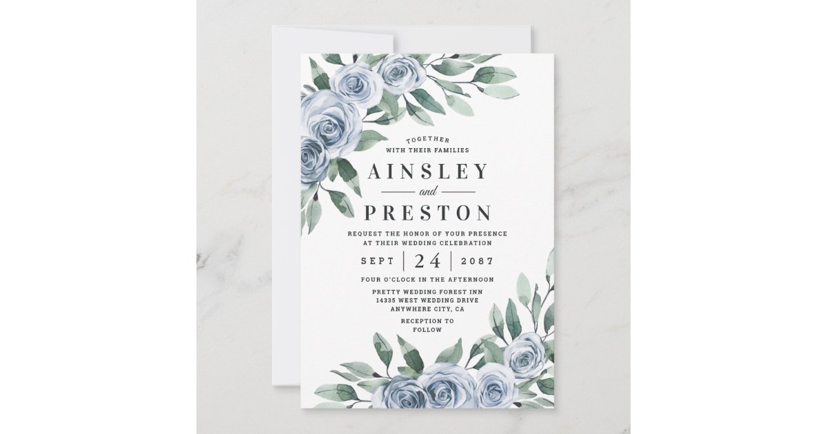 Dusty Blue Elegant Floral Boho Rose Rustic Wedding Invitation | Zazzle