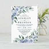 Dusty Blue Elegant Floral Boho Rose Rustic Wedding Invitation (Standing Front)