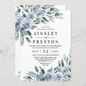 Dusty Blue Elegant Floral Boho Rose Rustic Wedding Invitation (Front/Back)