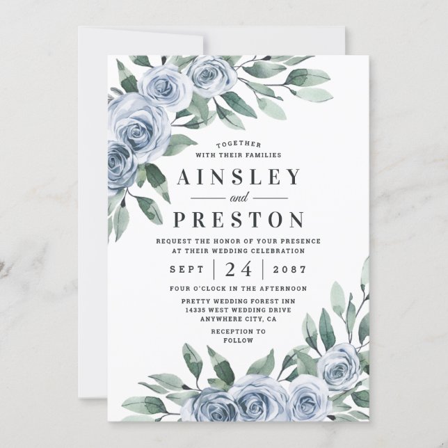 Dusty Blue Elegant Floral Boho Rose Rustic Wedding Invitation (Front)