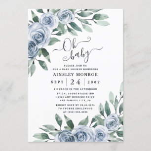 Dusty Blue Elegant Floral Boho Rustic Baby Shower Invitation