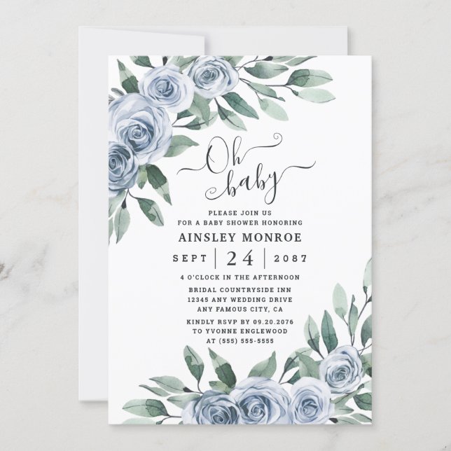 Dusty Blue Elegant Floral Boho Rustic Baby Shower Invitation (Front)