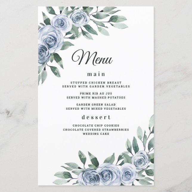 Dusty Blue Elegant Floral Boho Wedding Menu Cards (Front)