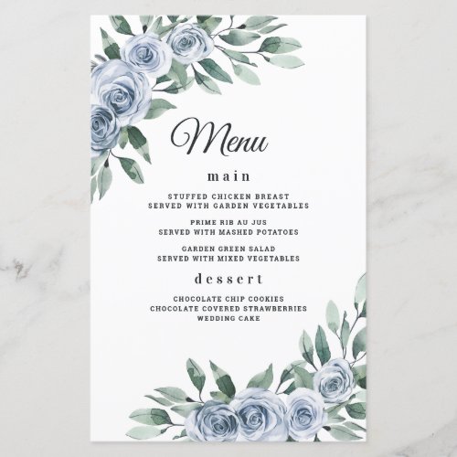 Dusty Blue Elegant Floral Boho Wedding Menu Cards