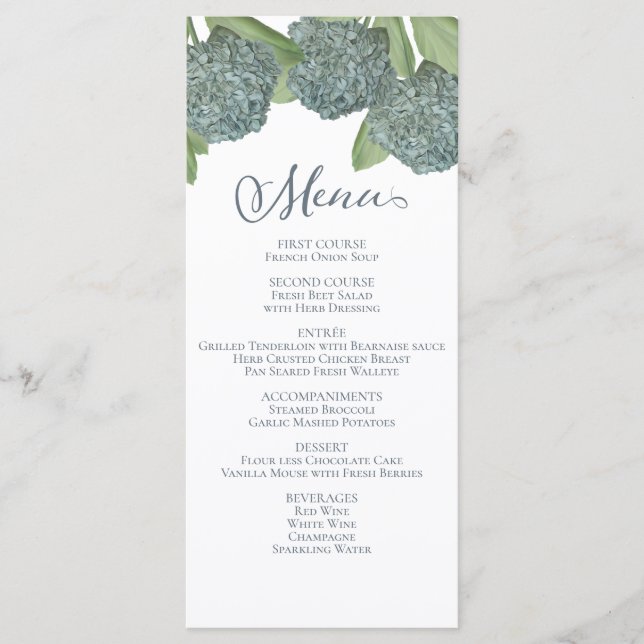 Dusty Blue Elegant Floral Botanical Dinner Menu (Front)