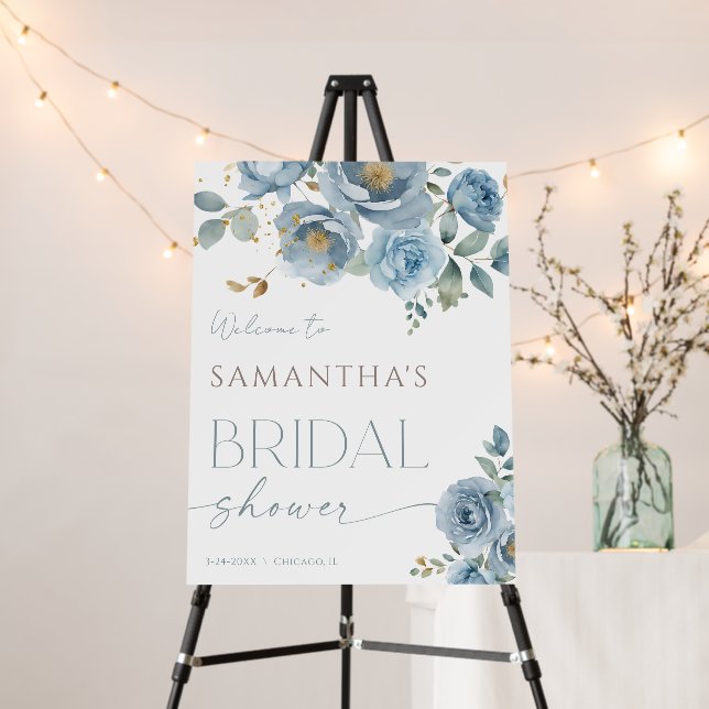Dusty blue elegant floral bridal shower welcome foam board (In Situ (Stand))
