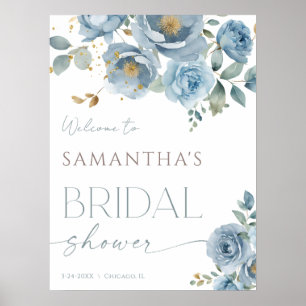 Dusty blue elegant floral bridal shower welcome poster