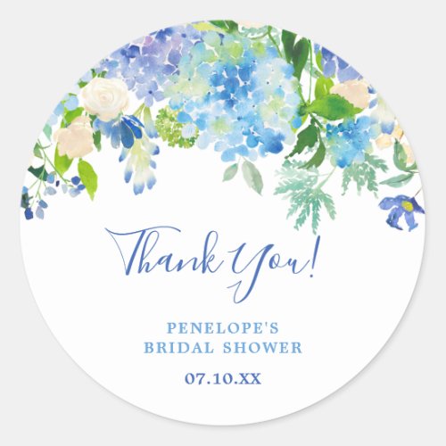 Dusty Blue Elegant Floral Calligraphy Thank You  Classic Round Sticker