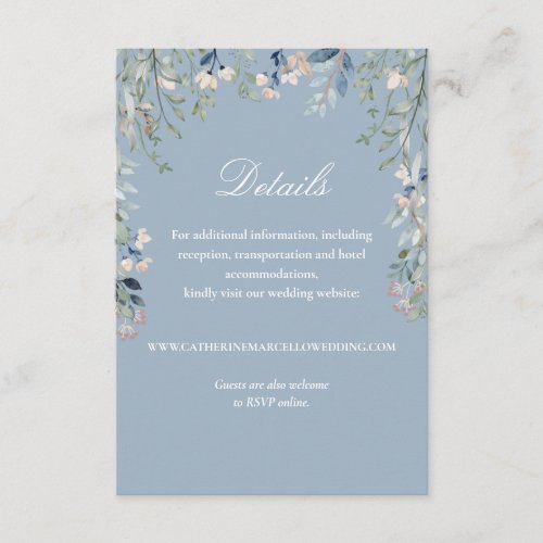 Dusty Blue Elegant Floral Cascade Wedding Details Enclosure Card