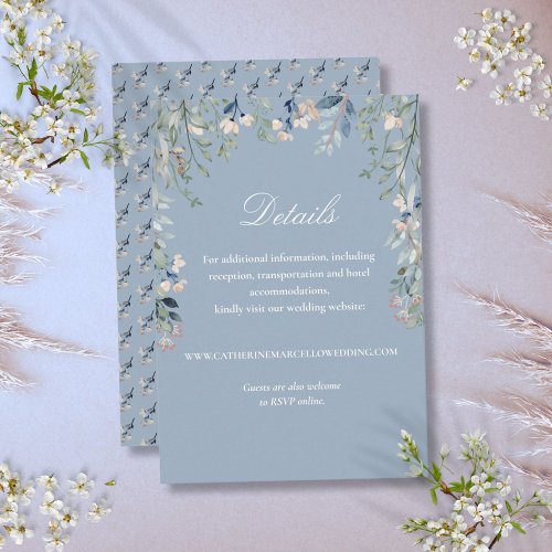 Dusty Blue Elegant Floral Cascade Wedding Details Enclosure Card