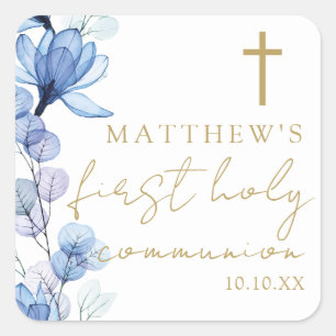 Dusty Blue Elegant Floral First Holy Communion Square Sticker