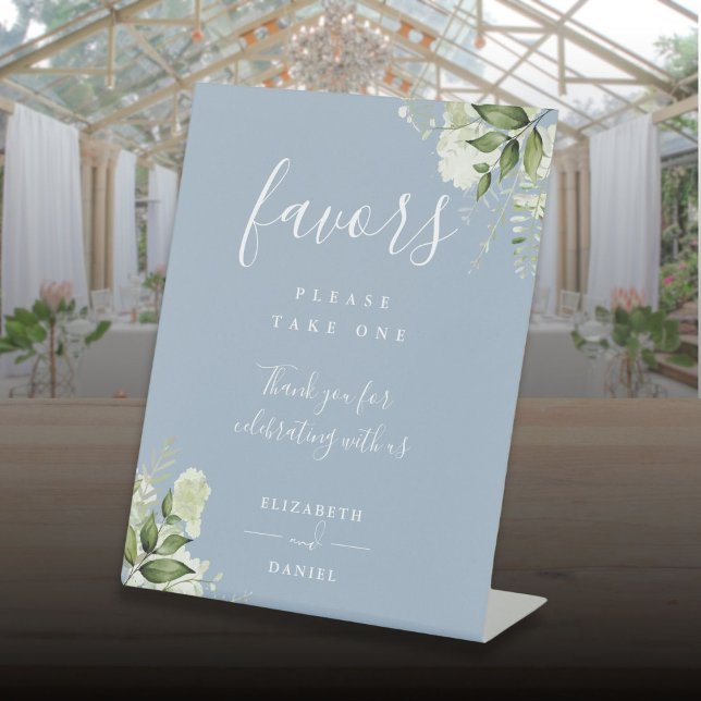Dusty Blue Elegant Floral Greenery Favors  Pedestal Sign (Dusty Blue Elegant Floral Greenery Favors Pedestal Sign)
