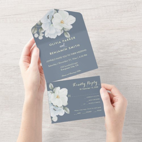 Dusty Blue Elegant Floral Monogram Modern Wedding All In One Invitation