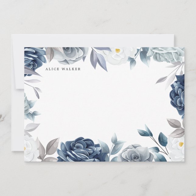 Dusty blue elegant floral monogram note card (Front)