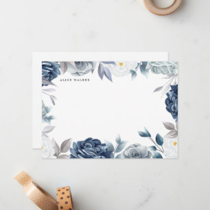 Dusty Blue Elegant Floral Monogram Note Card