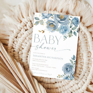 Dusty blue elegant floral roses boy baby shower invitation