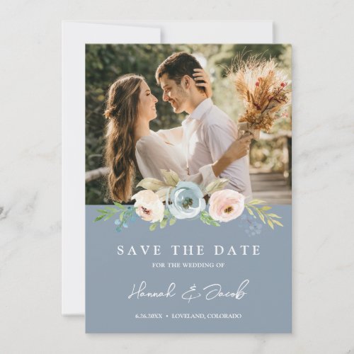 Dusty Blue Elegant Floral Rustic Photo Save The Date
