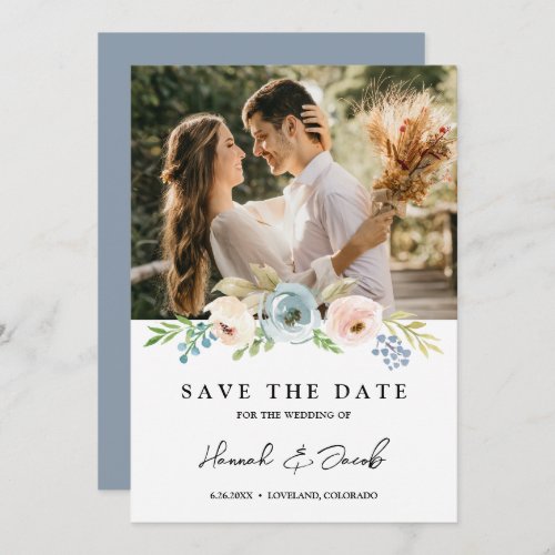 Dusty Blue Elegant Floral Rustic Save The Date