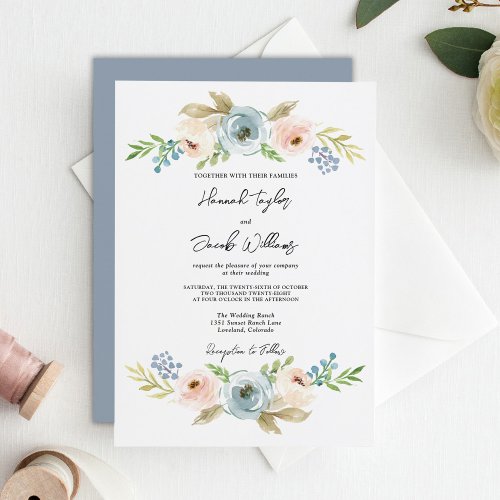 Dusty Blue Elegant Floral Rustic Wedding  Invitation
