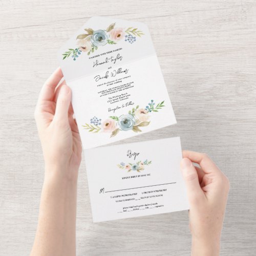 Dusty Blue Elegant Floral Rustic Wedding with RSVP All In One Invitation