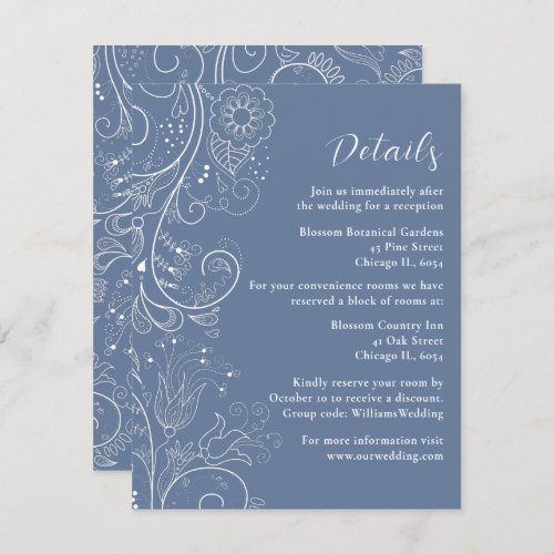 Dusty Blue Elegant Floral Wedding Details Enclosure Card