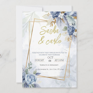 Dusty Blue Elegant Floral Wedding Invitation card