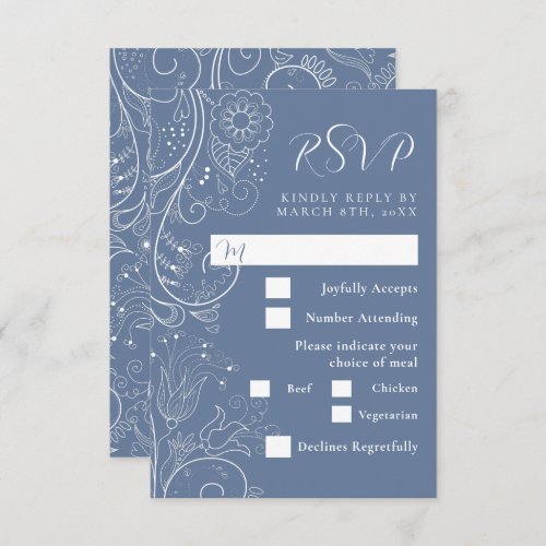 Dusty Blue Elegant Floral Wedding Meal Choice RSVP Card