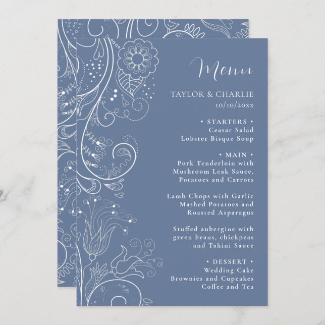 Dusty Blue Elegant Floral Wedding Menu (Front/Back)