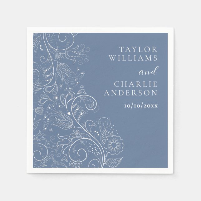 Dusty Blue Elegant Floral Wedding Napkins (Front)