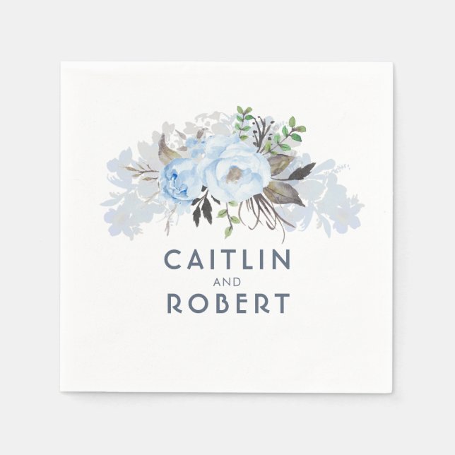 Dusty Blue Elegant Floral Wedding Paper Napkins (Front)