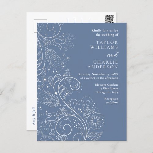Dusty Blue Elegant Floral Wedding Postcard