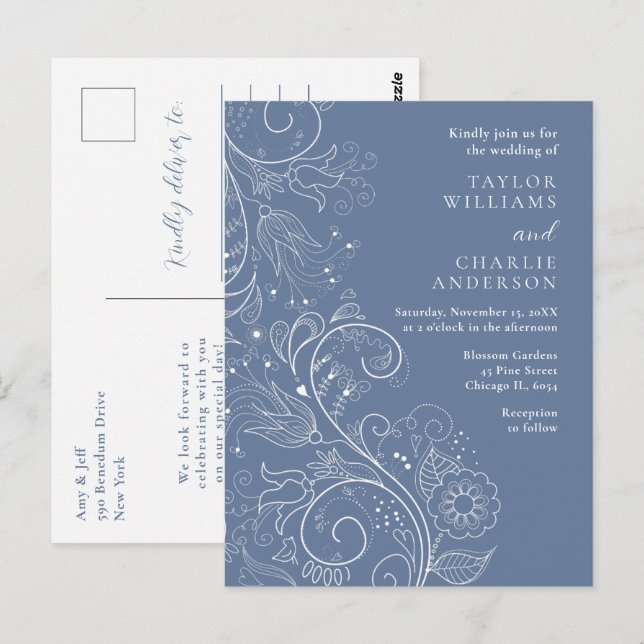 Dusty Blue Elegant Floral Wedding Postcard (Front/Back)