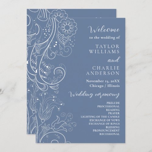 Dusty Blue Elegant Floral Wedding Program