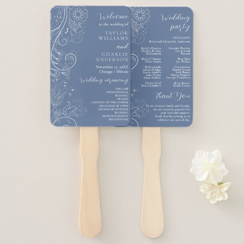 Dusty Blue Elegant Floral Wedding Program Hand Fan