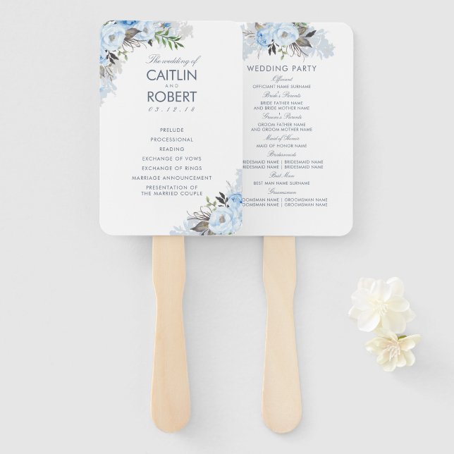 Dusty Blue Elegant Floral Wedding Program Hand Fan (Front and Back)