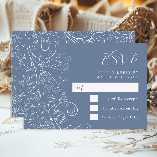 Dusty Blue Elegant Floral Wedding RSVP Card (Creator Uploaded)