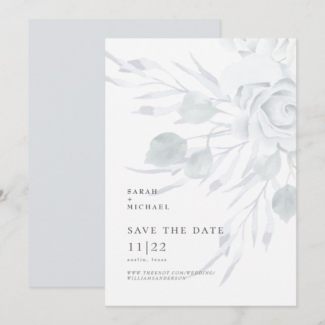 Dusty Blue Elegant Floral Wedding Save The Date (Front/Back)