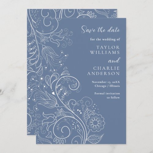 Dusty Blue Elegant Floral Wedding Save The Date