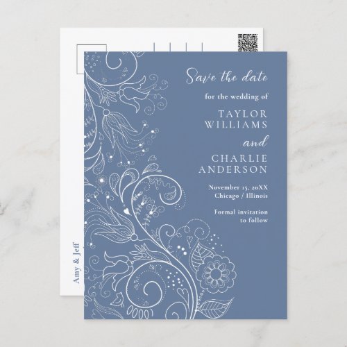 Dusty Blue Elegant Floral Wedding Save The Date Postcard