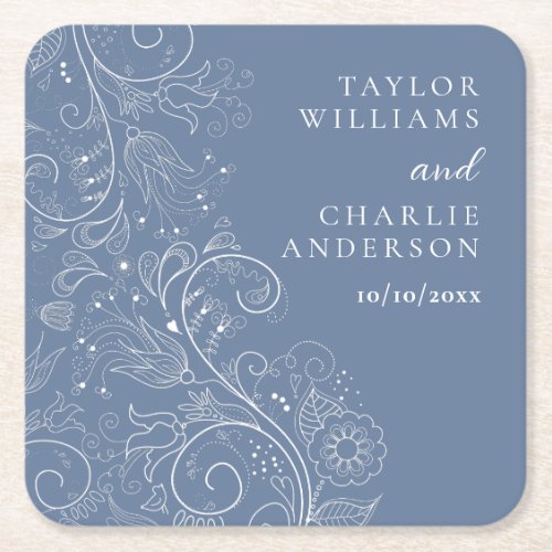 Dusty Blue Elegant Floral Wedding Square Paper Coaster