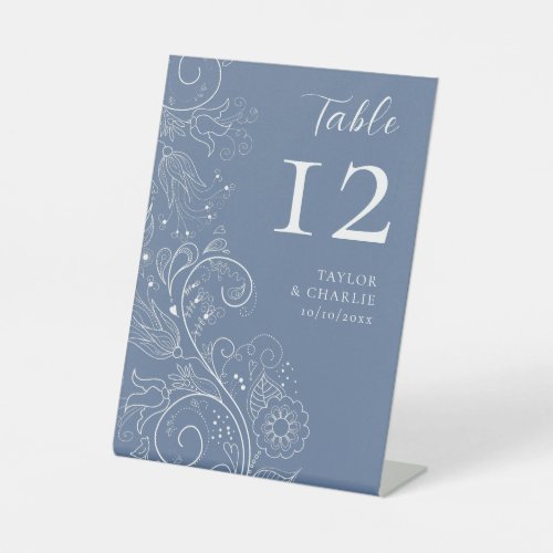 Dusty Blue Elegant Floral Wedding Table Number Pedestal Sign