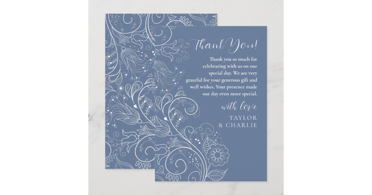 Dusty Blue Elegant Floral Wedding Thank You Card | Zazzle