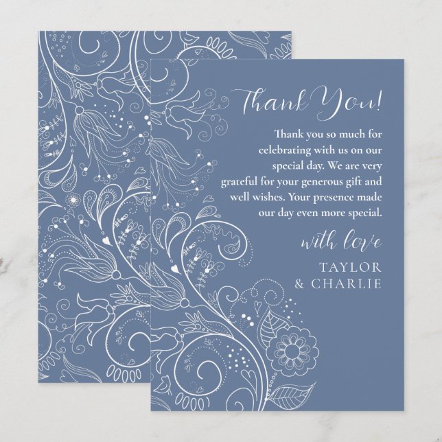 Dusty Blue Elegant Floral Wedding Thank You Card (Front/Back)