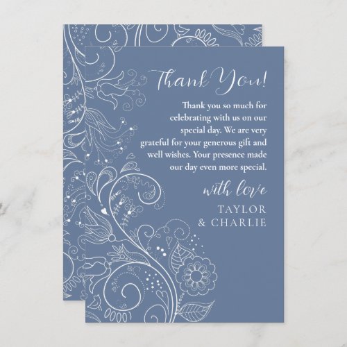 Dusty Blue Elegant Floral Wedding Thank You Card