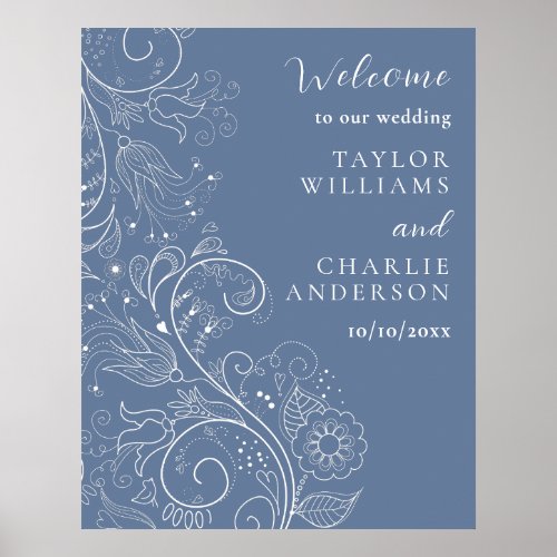 Dusty Blue Elegant Floral Wedding Welcome Poster