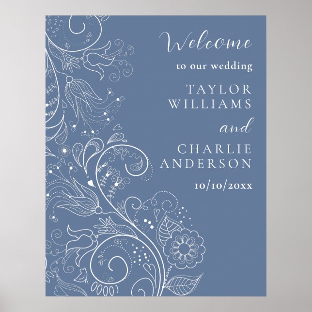Dusty Blue Elegant Floral Wedding Welcome Poster (Front)