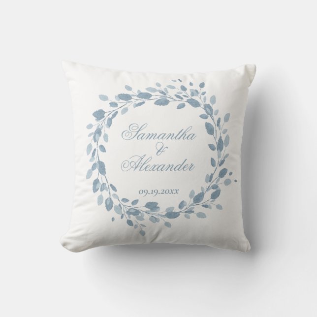 Dusty Blue Elegant Floral Wreath Wedding Script Throw Pillow (Front)