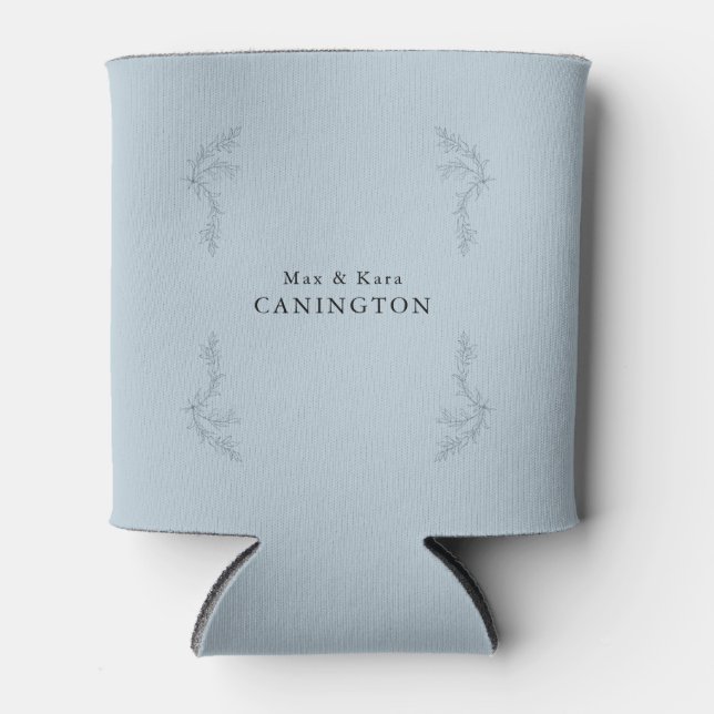 Dusty Blue Elegant Foliage Wedding Custom Name Can Cooler (Front)