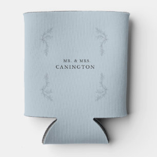 Dusty Blue Elegant Foliage Wedding Mr. & Mrs. Can Cooler